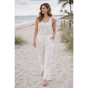 Enza Costa Minimalist Linen Blend Drawstring Pants Straight Leg White 0